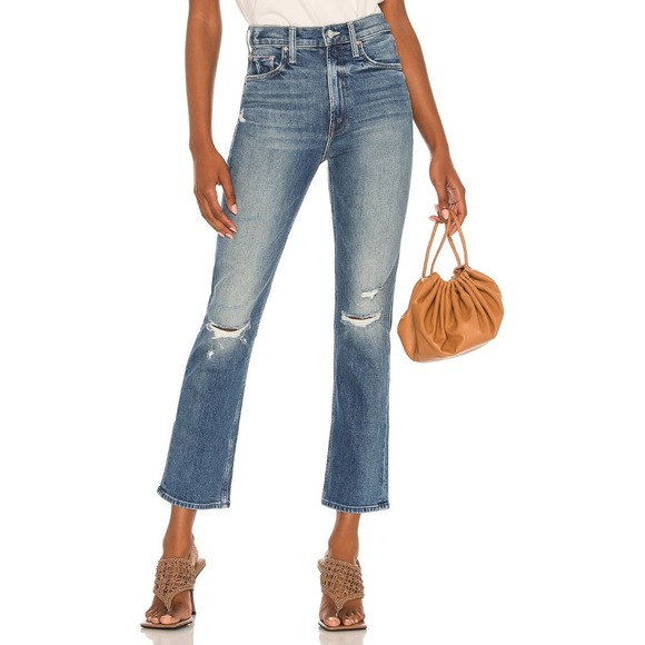 MOTHER Denim - Mother High Waisted Rider Ankle Jeans in Far Beyond The Sky Blue Ripped Size 24